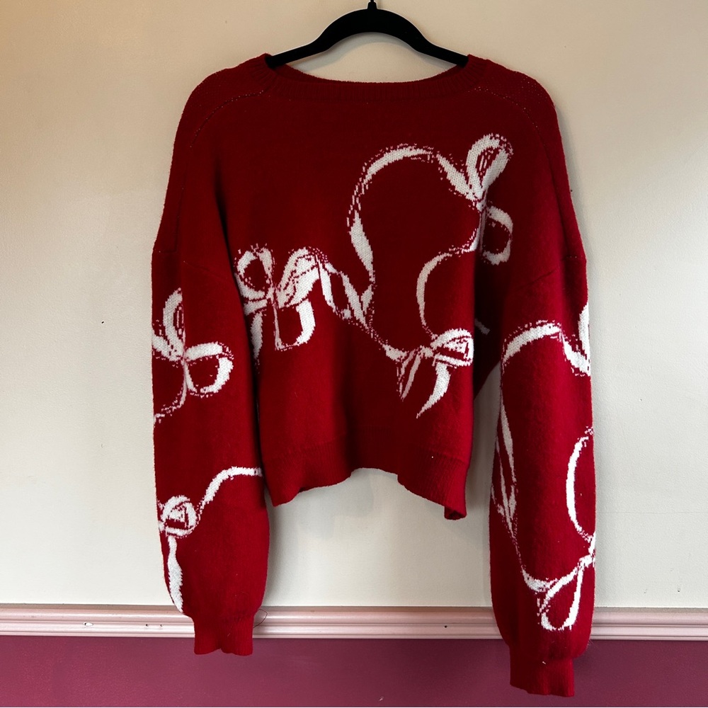 Cider Red Crewneck Sweater with Cream Ribbon Pattern - Picture 2 of 6